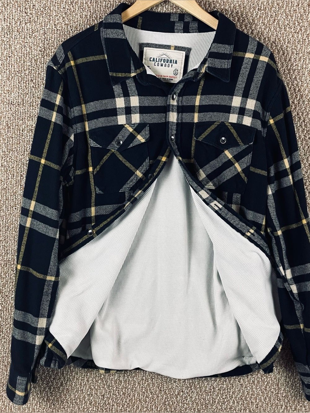 California Cowboy Shacket Shirt Mens XL Flannel Blue Plaid Thermal Lined Pockets